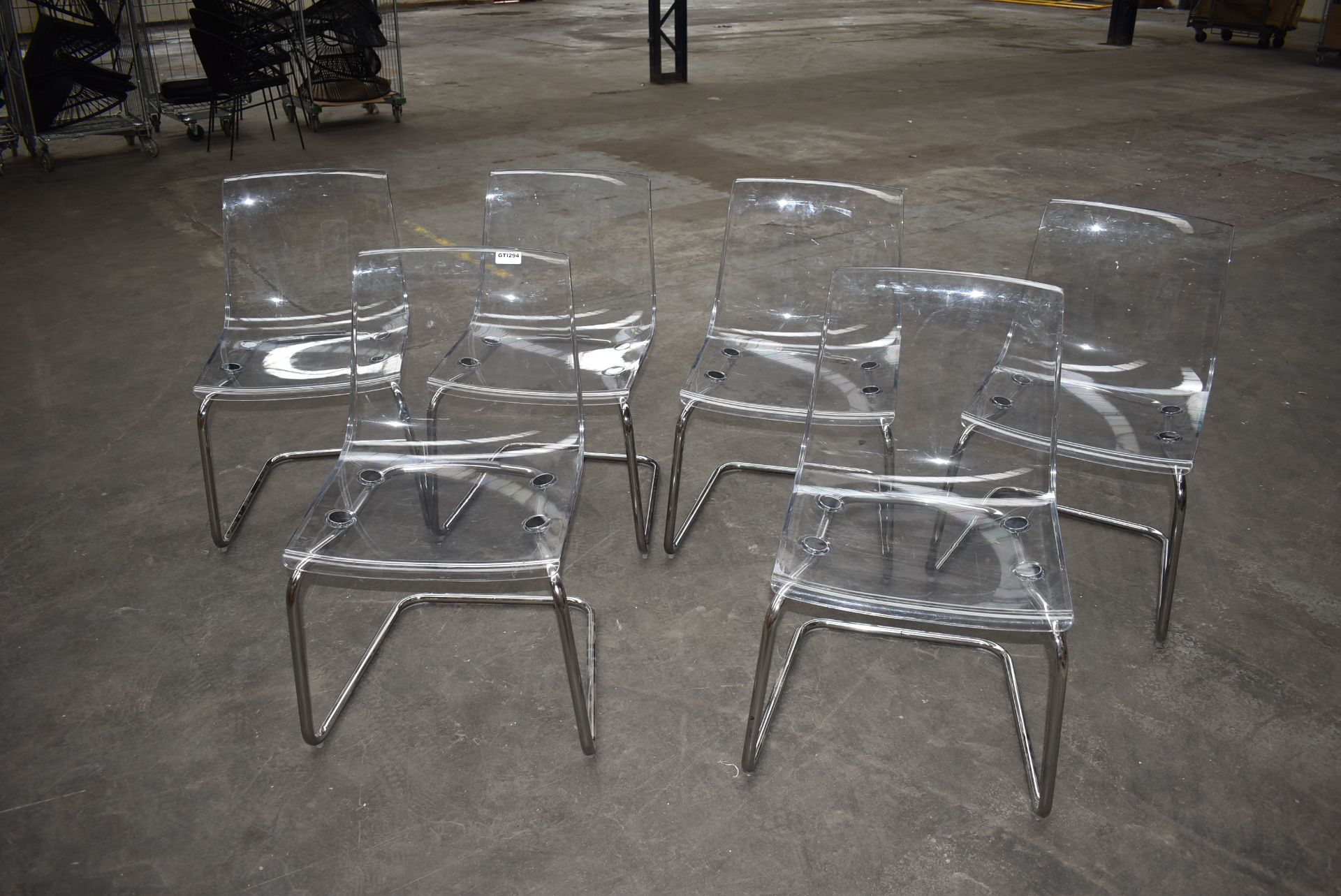 6 x Ikea Tobias Transparent Acrylic Dining Chairs With Chrome Bases - Ref: GTI294 WH4 - RRP £360 -