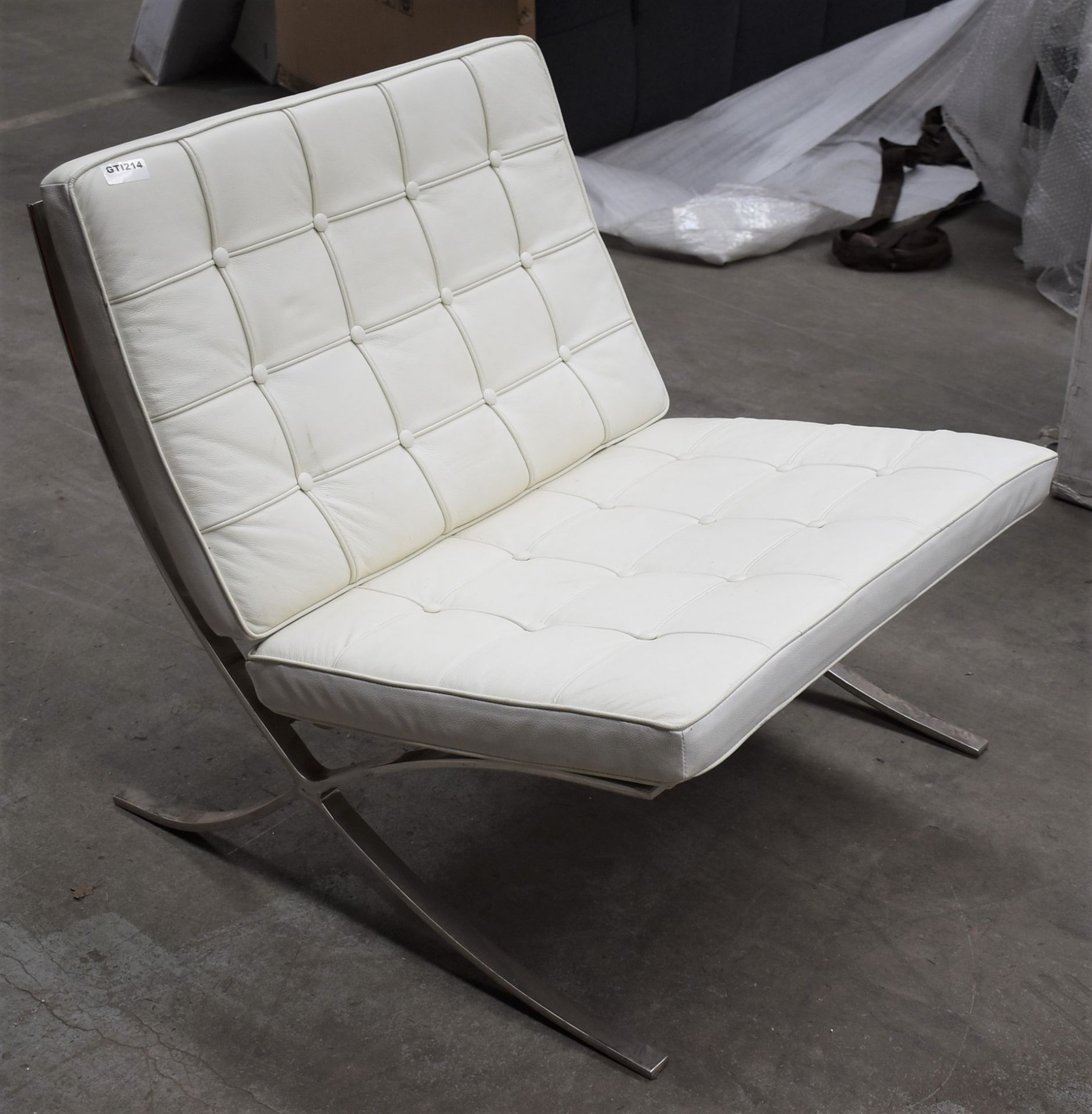 1 x Contemporary Lounge Chair With Strap Supports, Chrome Base and White Leather Studded Seat and - Image 4 of 9