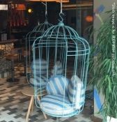 1 x Suspended Metal Bird-Cage Shaped Adult-Sized Swinging Chair In Blue With Cushions - H145 x Ø92cm