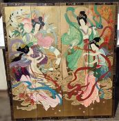 1 x Hand Painted Piece Of Oriental Wall Art Set Accross 4 Wooden Panels - 6ft x 5.4ft