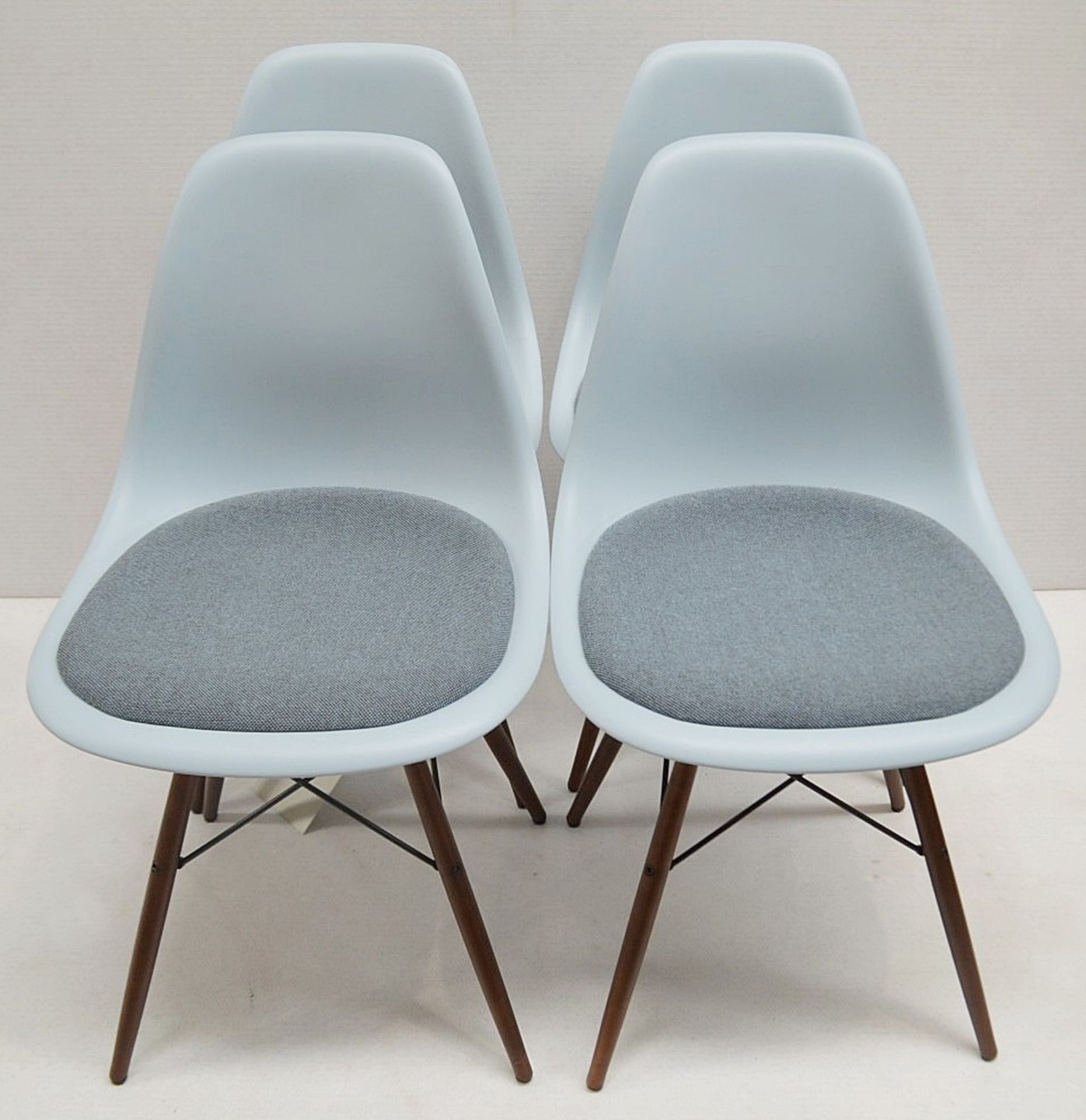 Set Of 4 x VITRA Eames DSW Designer Side Chairs With Upholsted Seats And Maple Bases In A Dark Stain