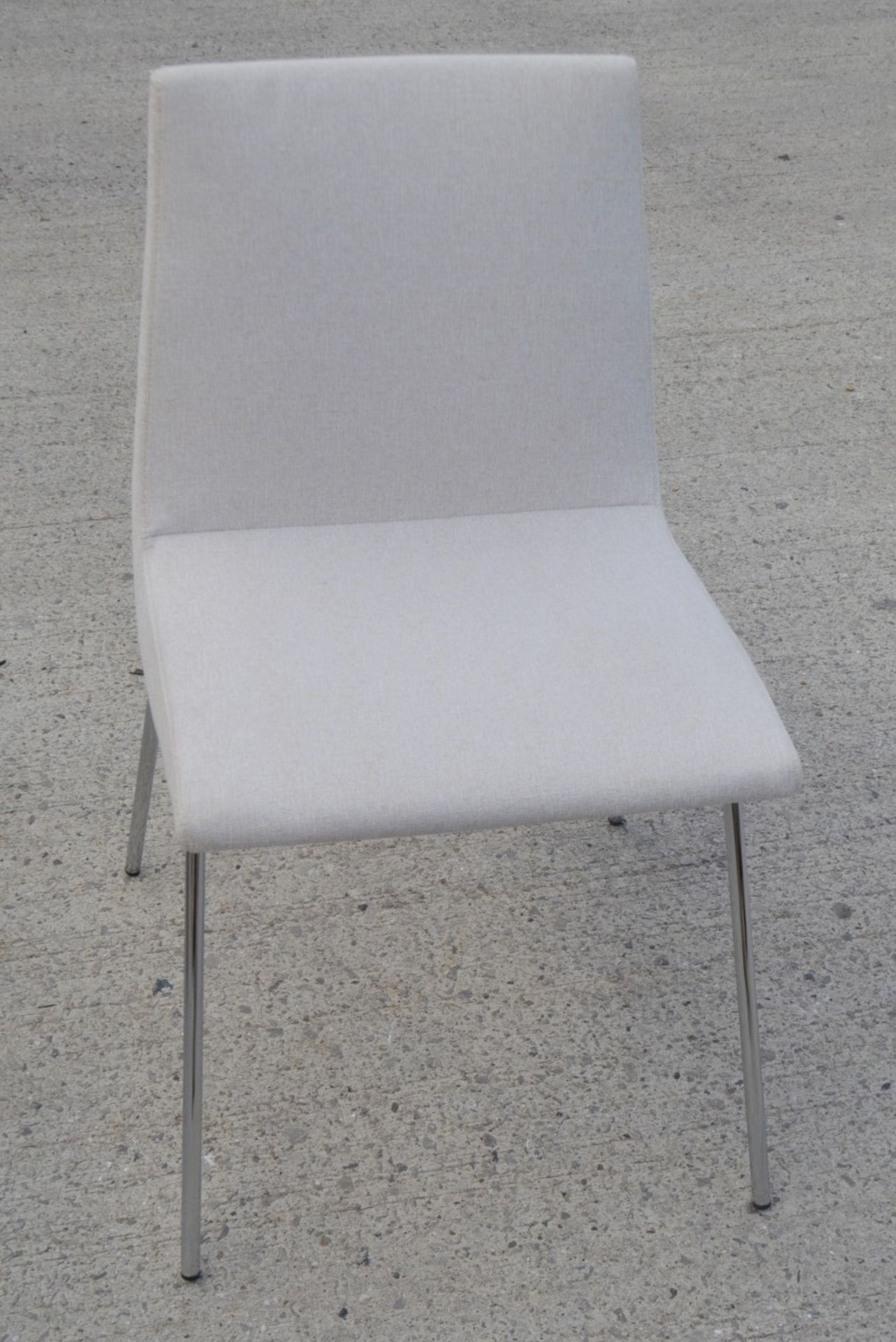 Pair Of LIGNE ROSET 'TV' Designer Dining Chairs In A Light Neutral Beige Fabric & Chromed Steel Legs - Image 3 of 9