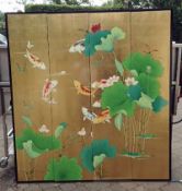 1 x Hand Painted Piece Of Oriental Wall Art Freaturing Fish, Set Accross 4 Wooden Panels -