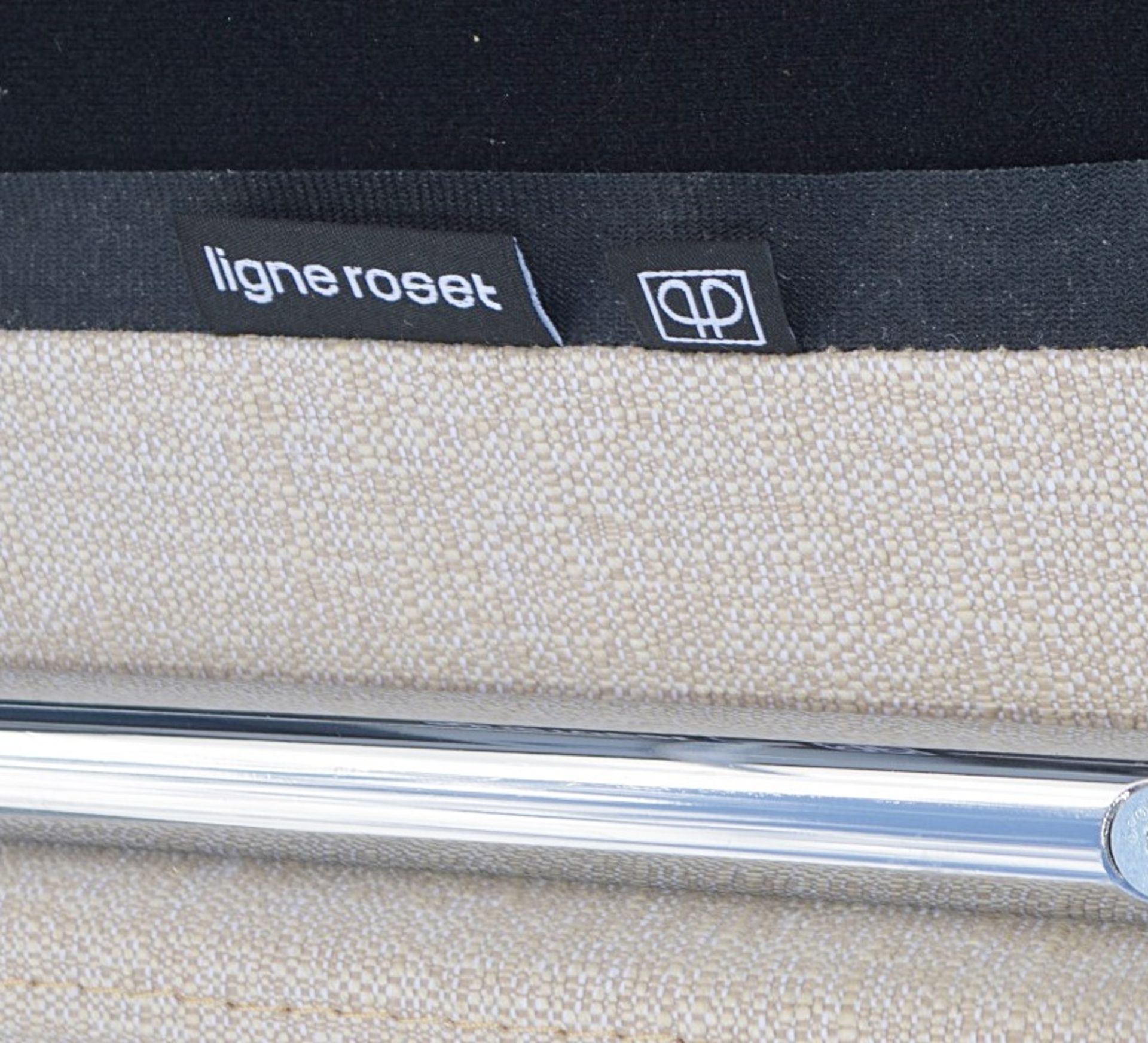 Pair Of LIGNE ROSET 'TV' Designer Dining Chairs In A Light Neutral Beige Fabric & Chromed Steel Legs - Image 8 of 9