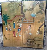 1 x Hand Painted Piece Of Oriental Wall Art Depicting Village Folk, Set Accross 4 Wooden Panels -