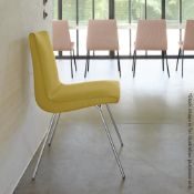 Pair Of LIGNE ROSET 'TV' Designer Dining Chairs In A Light Neutral Beige Fabric & Chromed Steel Legs