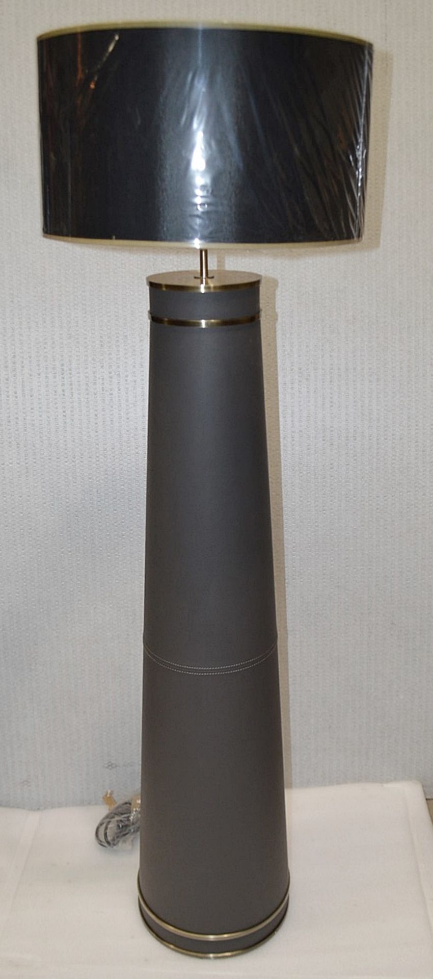 1 x Luxurious CHELSOM Grey Leather Covered Floor Lamp With Brass Accents - Includes A Black & Gold