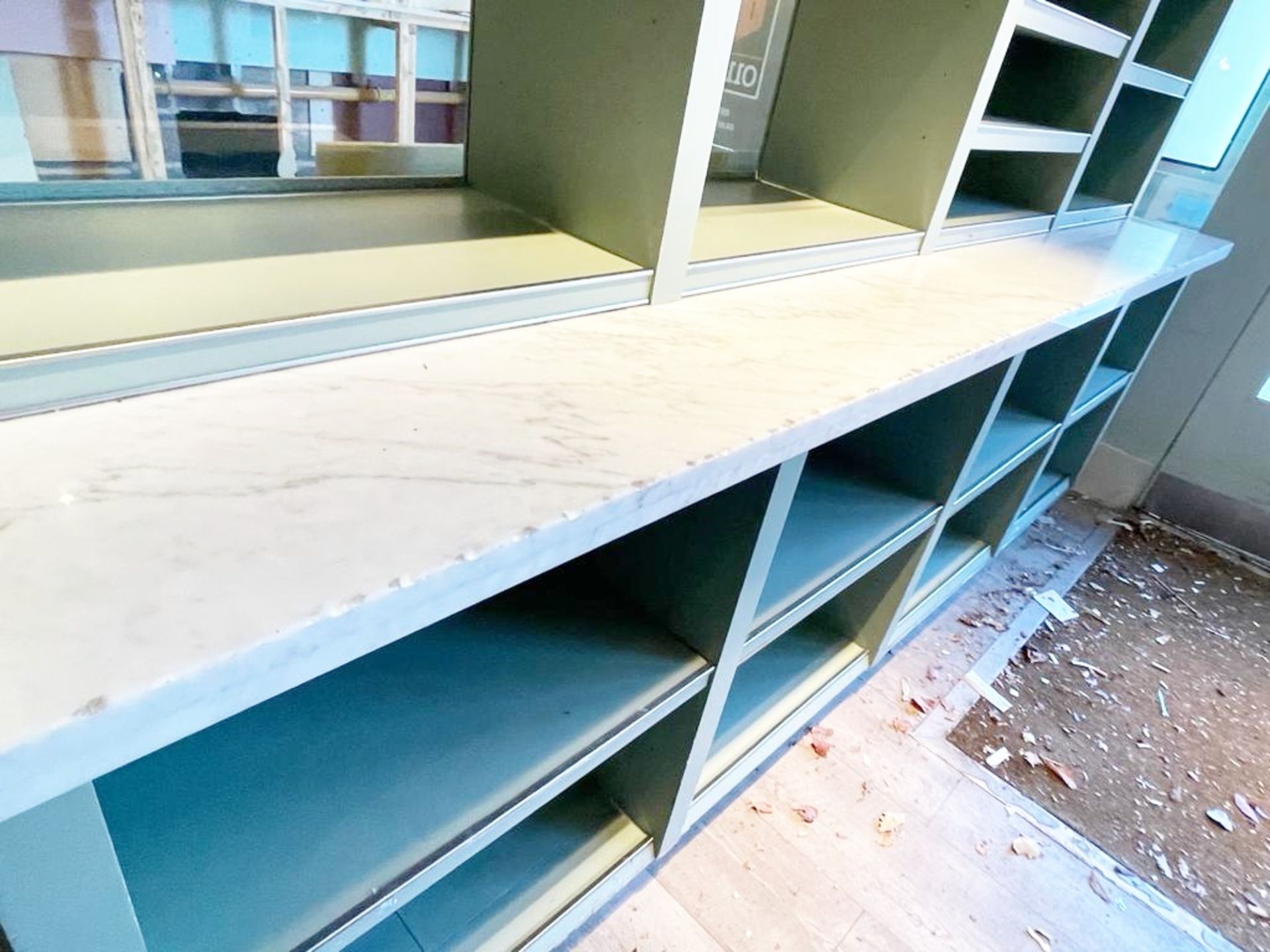 1 x Bespoke Display Island / Partition With Display Shelves, Olive Green Finish, Marble Worktop - Image 14 of 16