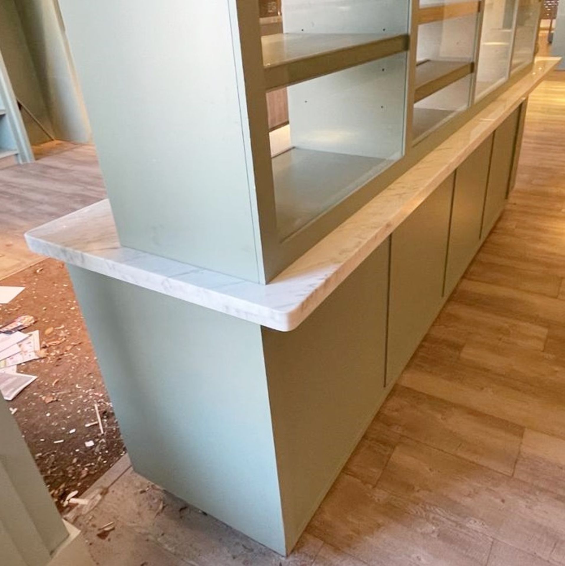 1 x Bespoke Display Island / Partition With Display Shelves, Olive Green Finish, Marble Worktop - Image 16 of 16