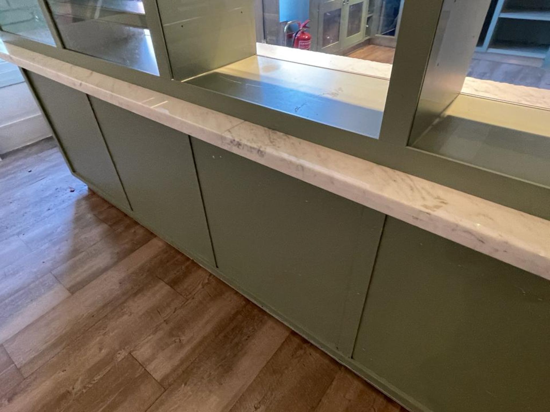 1 x Bespoke Display Island / Partition With Display Shelves, Olive Green Finish, Marble Worktop - Image 4 of 16