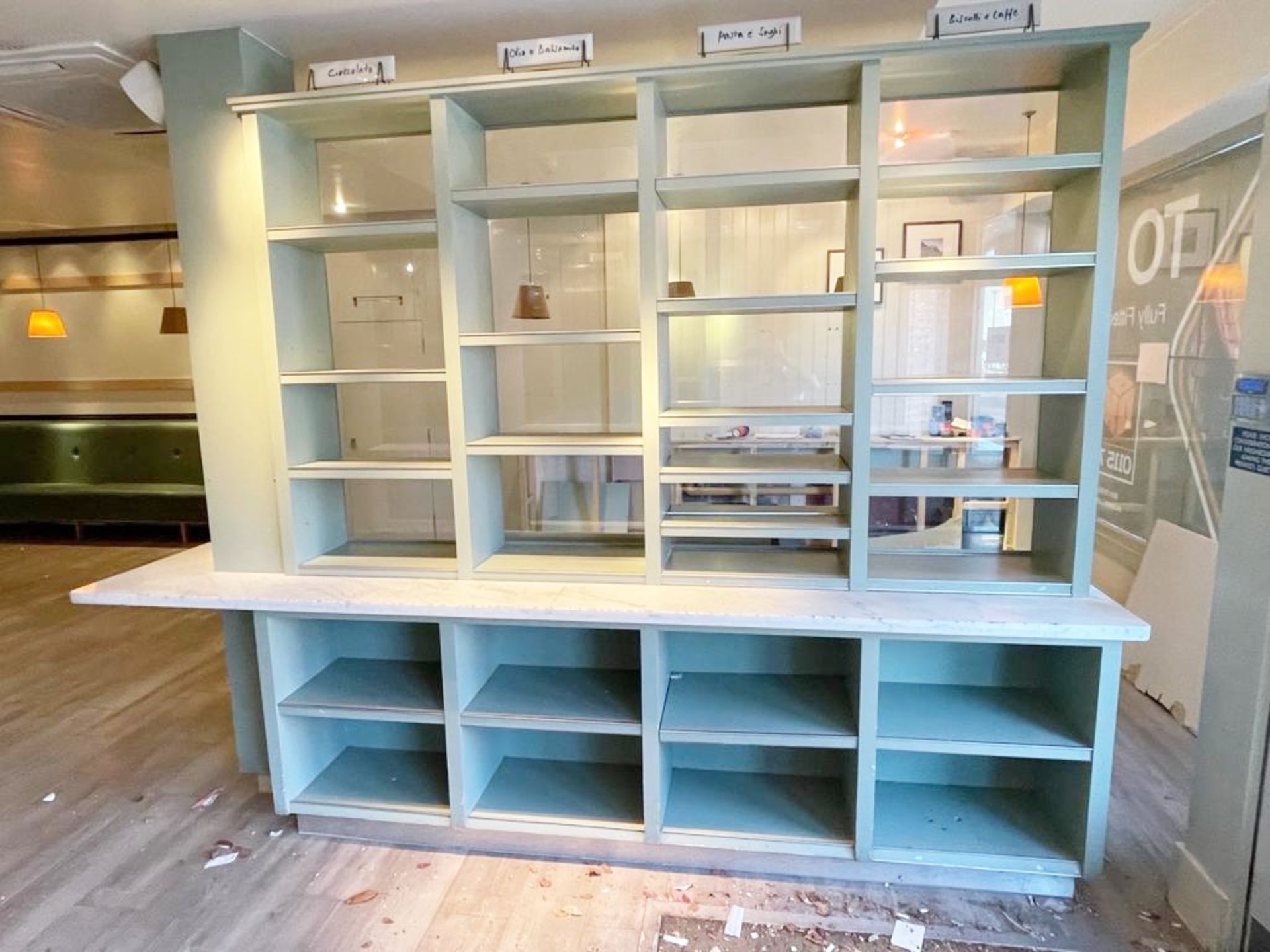 1 x Bespoke Display Island / Partition With Display Shelves, Olive Green Finish, Marble Worktop