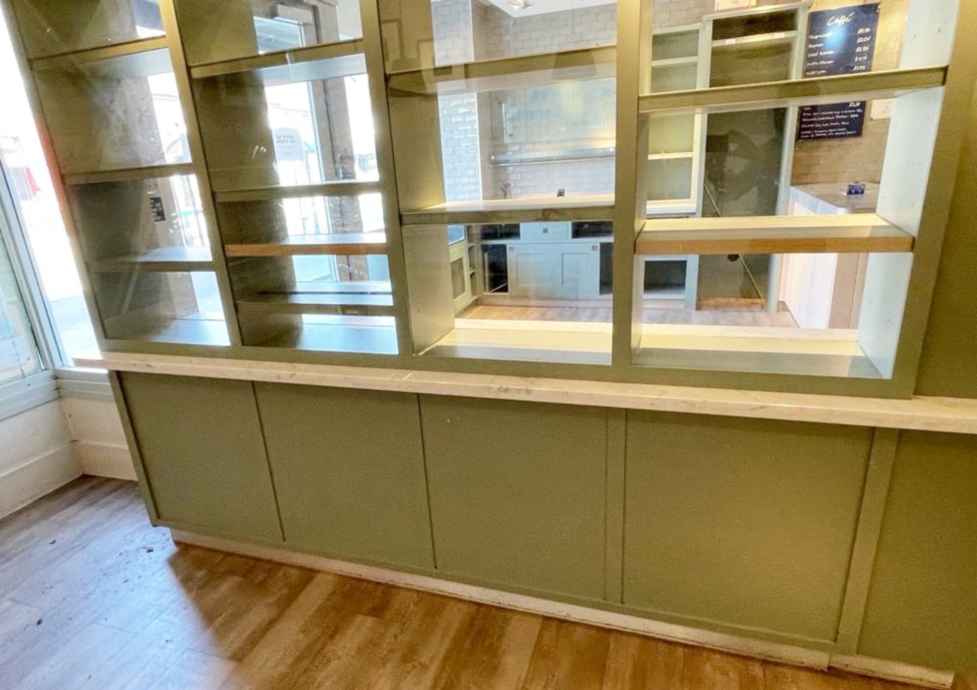 1 x Bespoke Display Island / Partition With Display Shelves, Olive Green Finish, Marble Worktop - Image 15 of 16