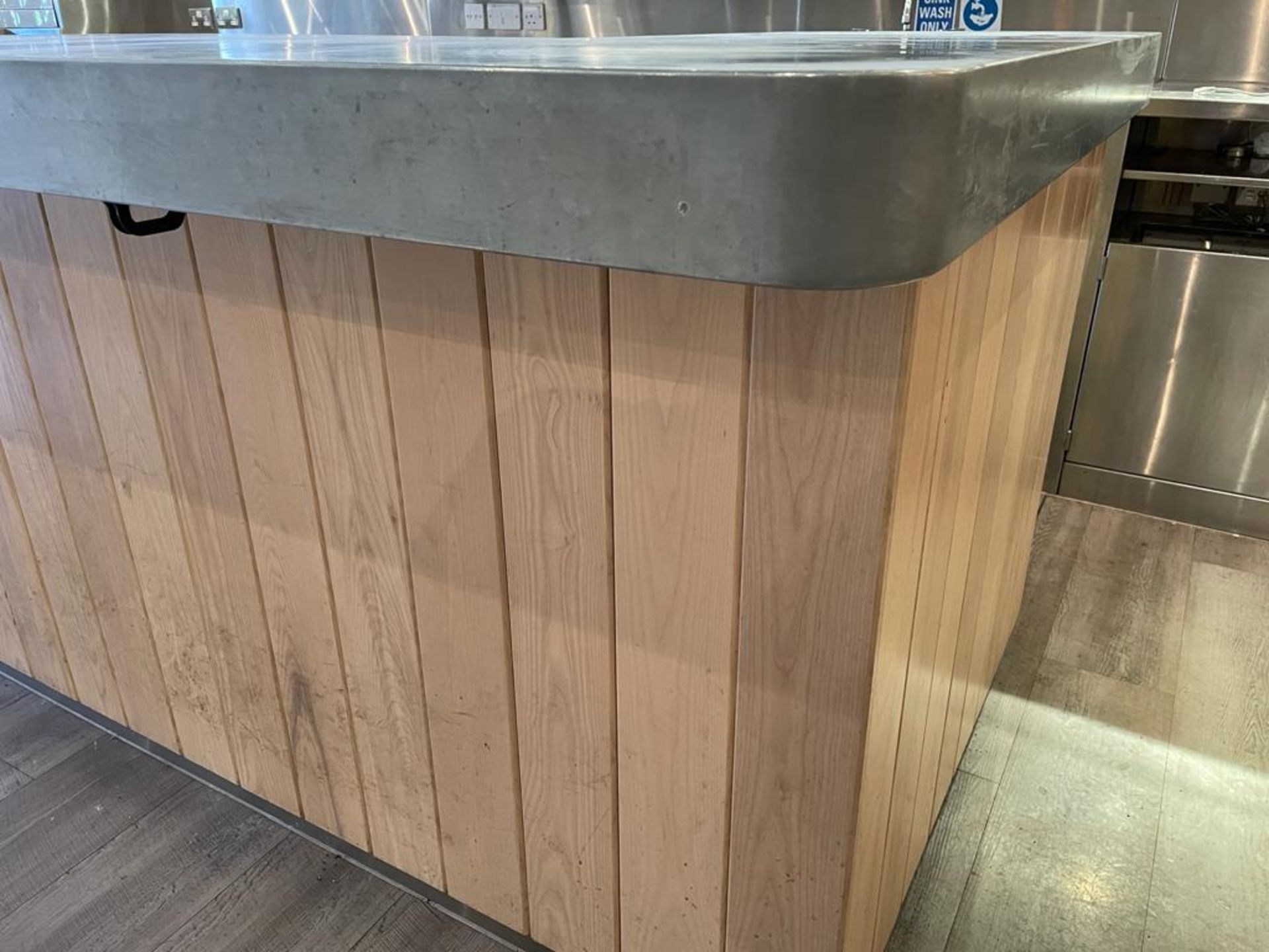 1 x Contemporary Restaurant Bar With Light Wood Panel Fascia, Sheet Metal Covered Bar Top, - Image 8 of 57