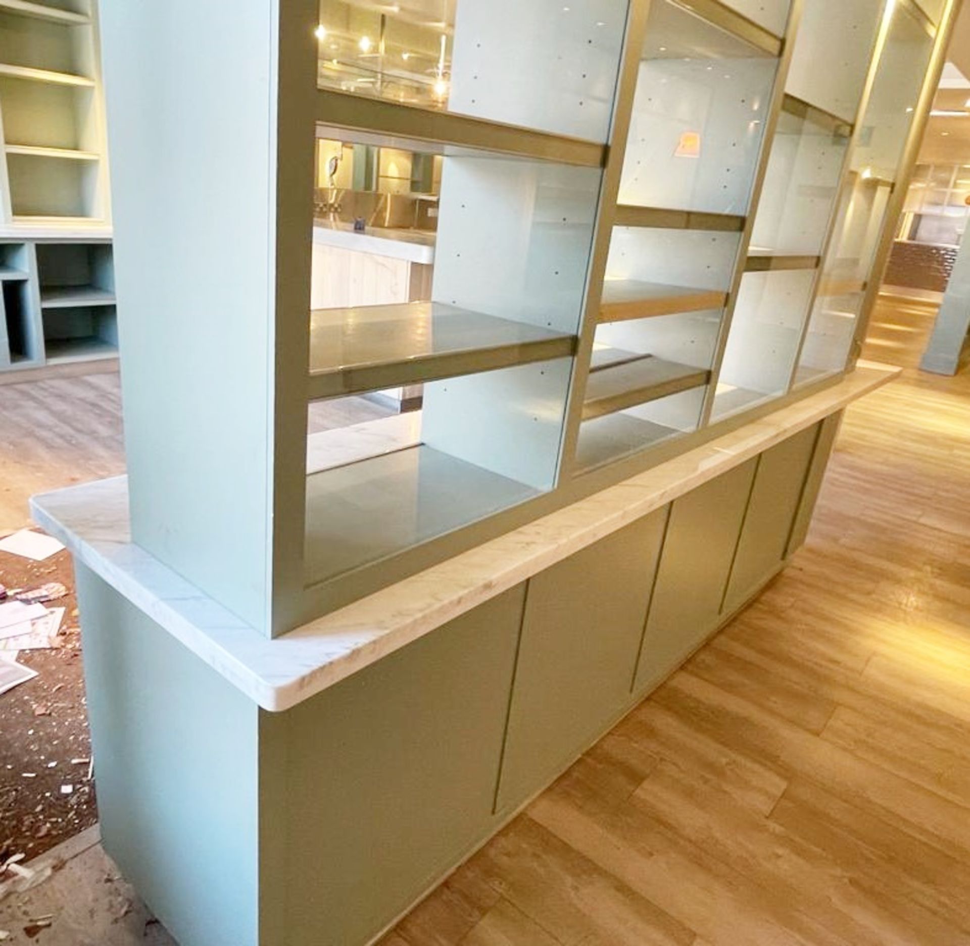 1 x Bespoke Display Island / Partition With Display Shelves, Olive Green Finish, Marble Worktop - Image 2 of 16