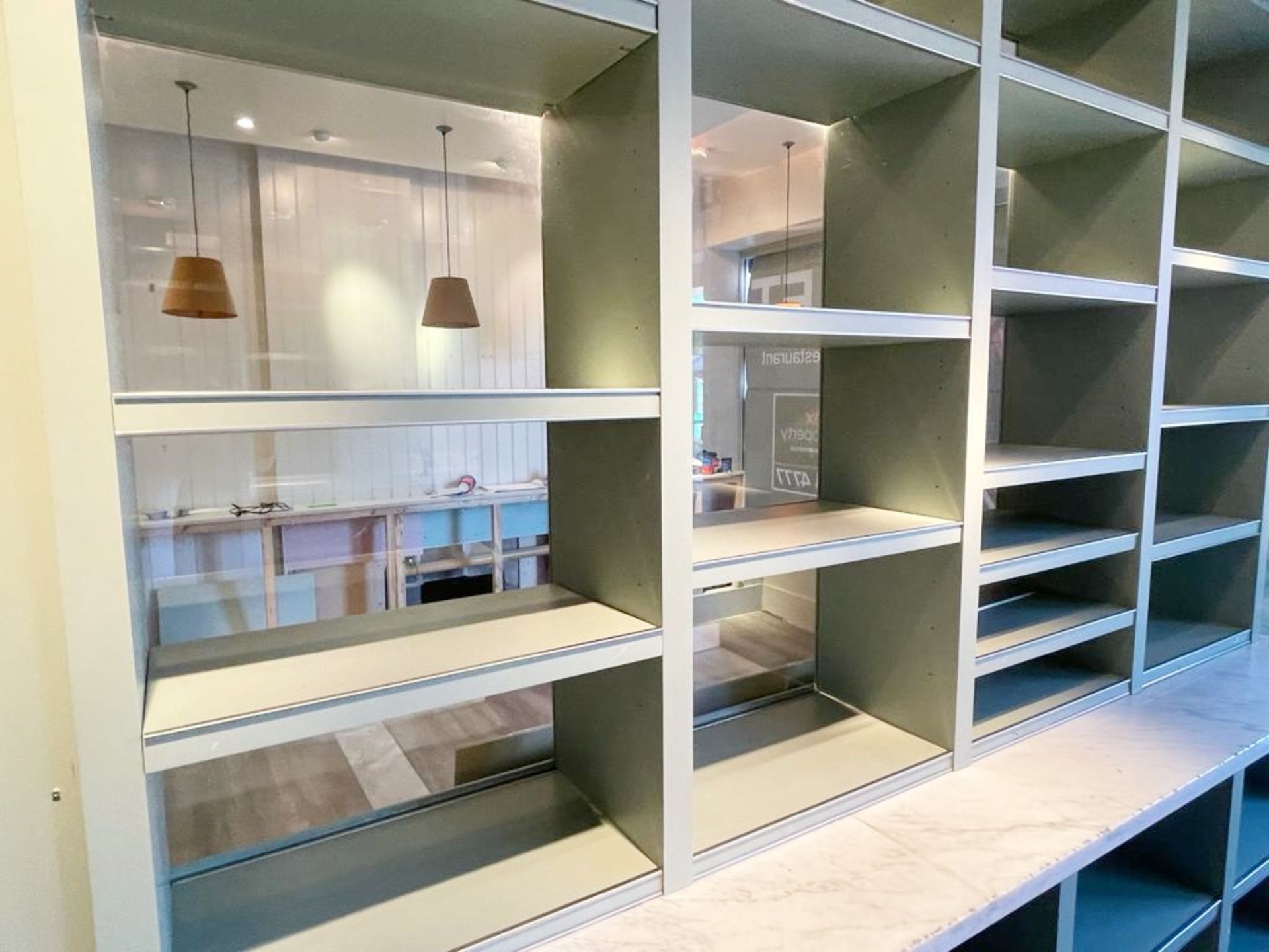 1 x Bespoke Display Island / Partition With Display Shelves, Olive Green Finish, Marble Worktop - Image 10 of 16