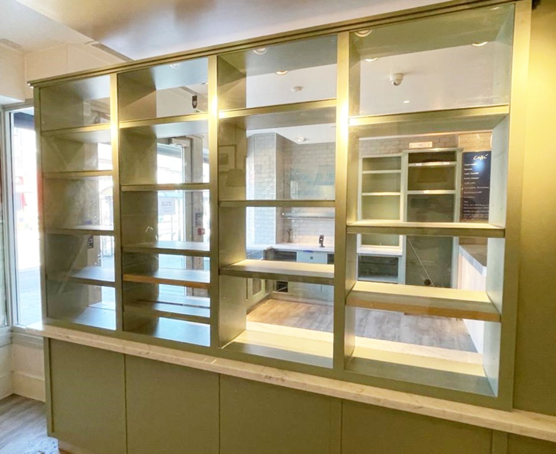 1 x Bespoke Display Island / Partition With Display Shelves, Olive Green Finish, Marble Worktop - Image 6 of 16