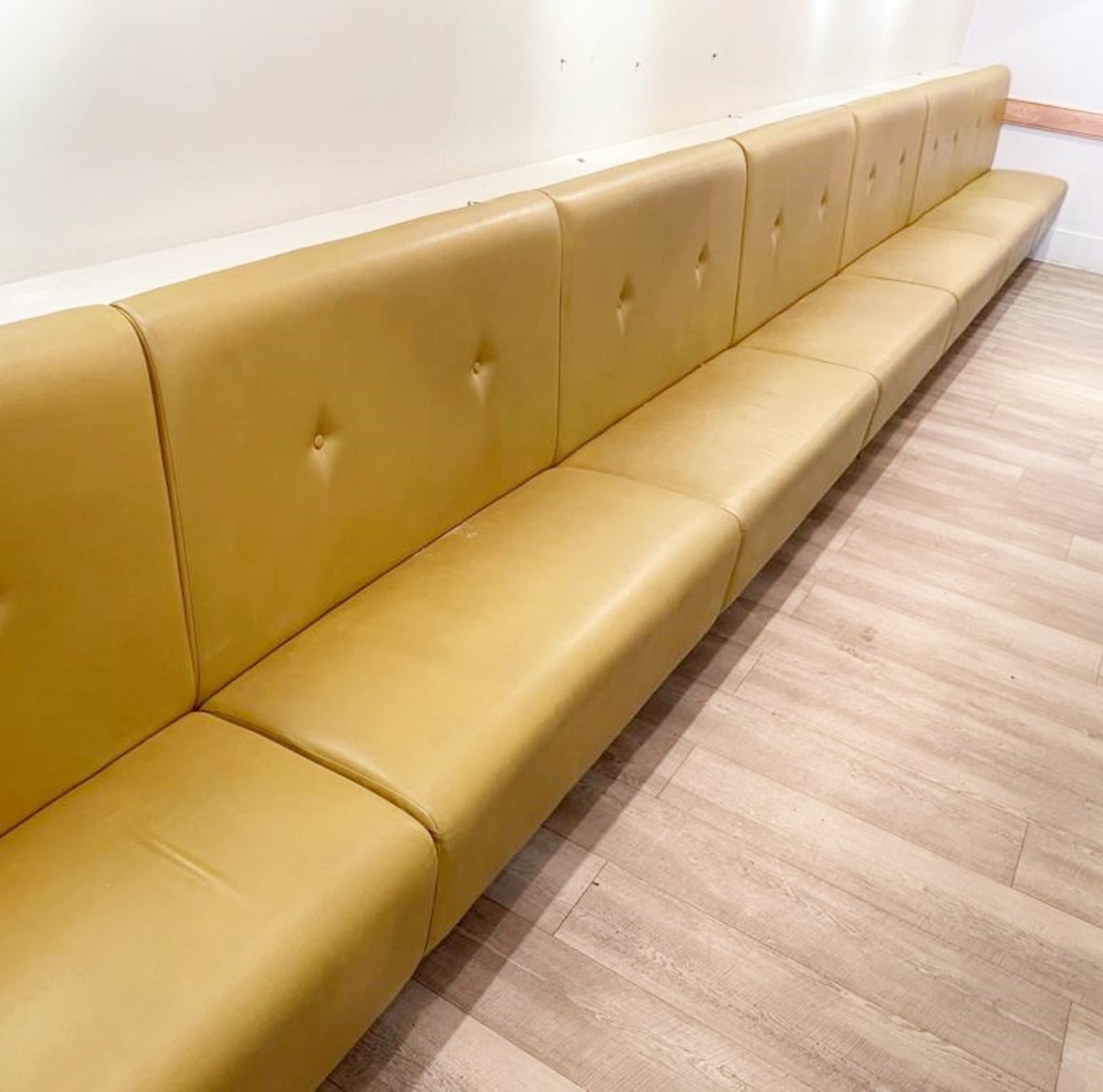 1 x Contemporary 27ft Seating Bench Upholstered With Button Back Leather in Mustard - Dimensions: - Image 7 of 13