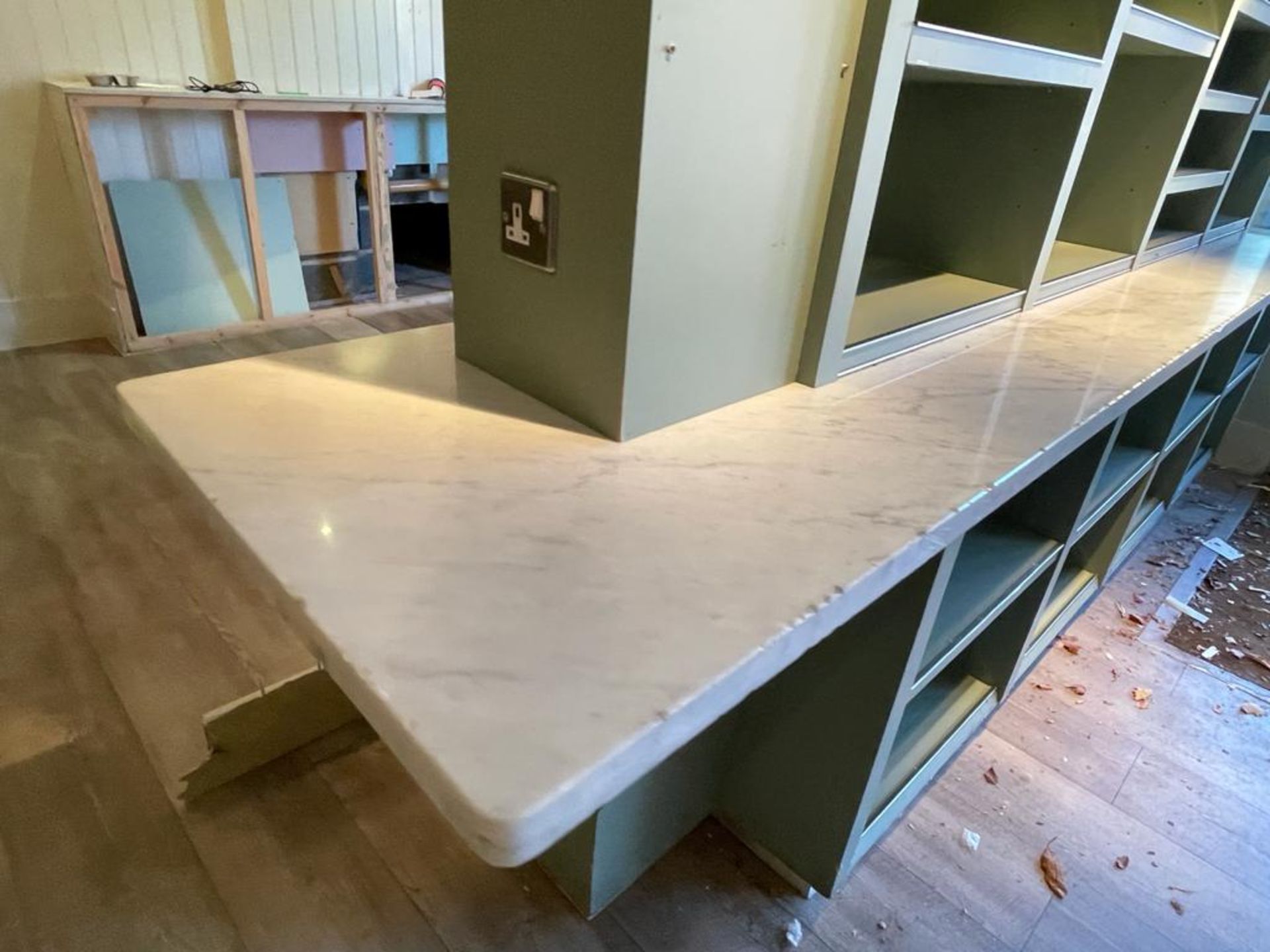 1 x Bespoke Display Island / Partition With Display Shelves, Olive Green Finish, Marble Worktop - Image 12 of 16