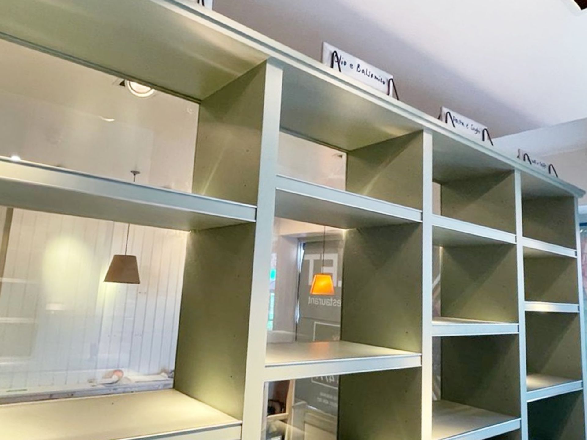 1 x Bespoke Display Island / Partition With Display Shelves, Olive Green Finish, Marble Worktop - Image 11 of 16