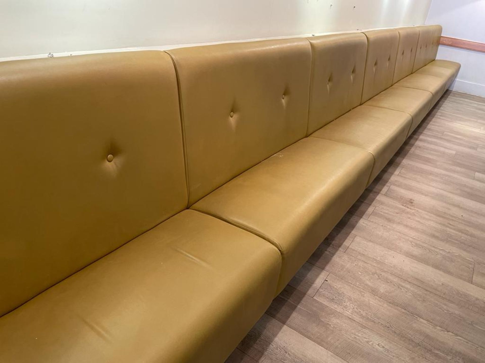 1 x Contemporary 27ft Seating Bench Upholstered With Button Back Leather in Mustard - Dimensions: - Image 6 of 13