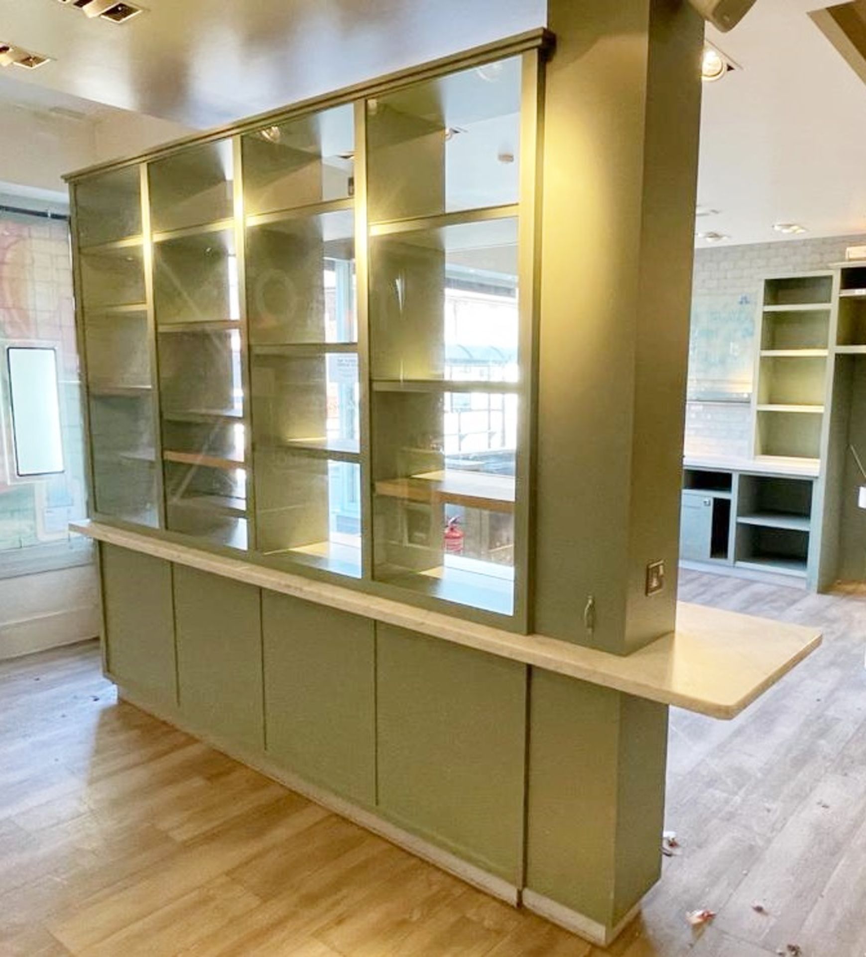 1 x Bespoke Display Island / Partition With Display Shelves, Olive Green Finish, Marble Worktop - Image 7 of 16