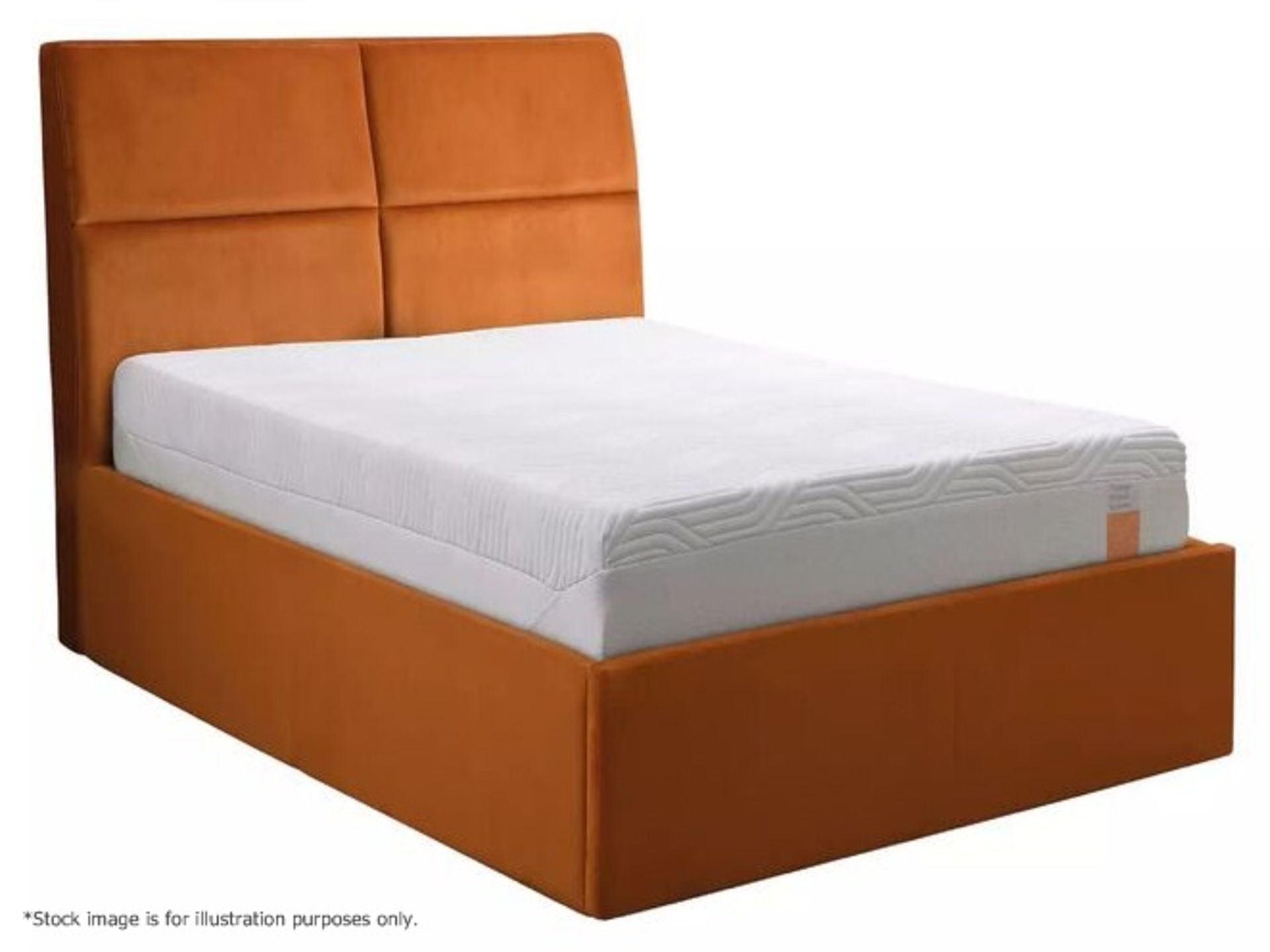 1 x TEMPUR Grafton Ottoman Double Bed Frame Upholstered In An Orange Velvet - Dimensions: 135x190cm