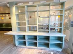 1 x Bespoke Display Island / Partition With Display Shelves, Olive Green Finish, Marble Worktop