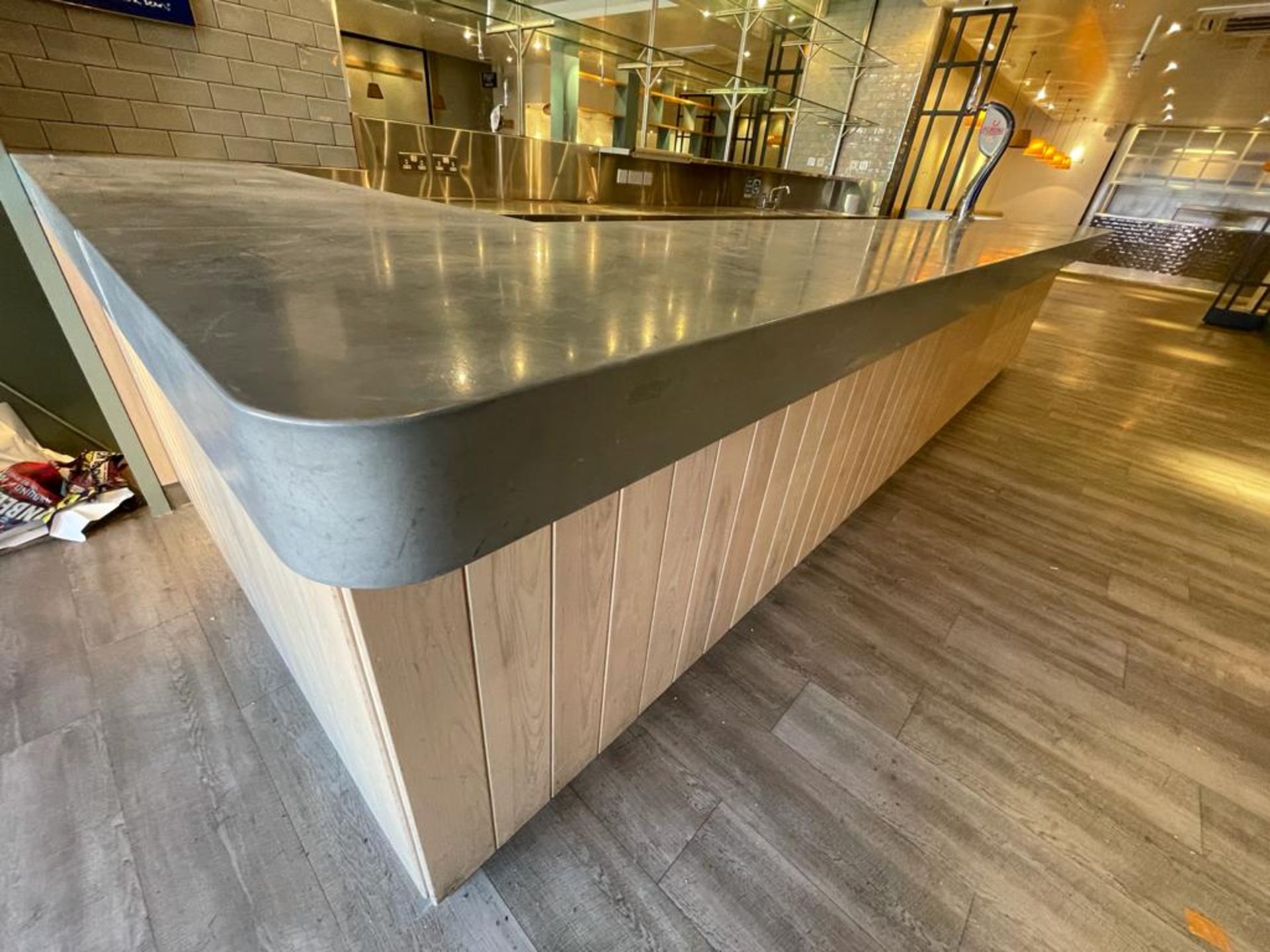 1 x Contemporary Restaurant Bar With Light Wood Panel Fascia, Sheet Metal Covered Bar Top, - Image 21 of 57