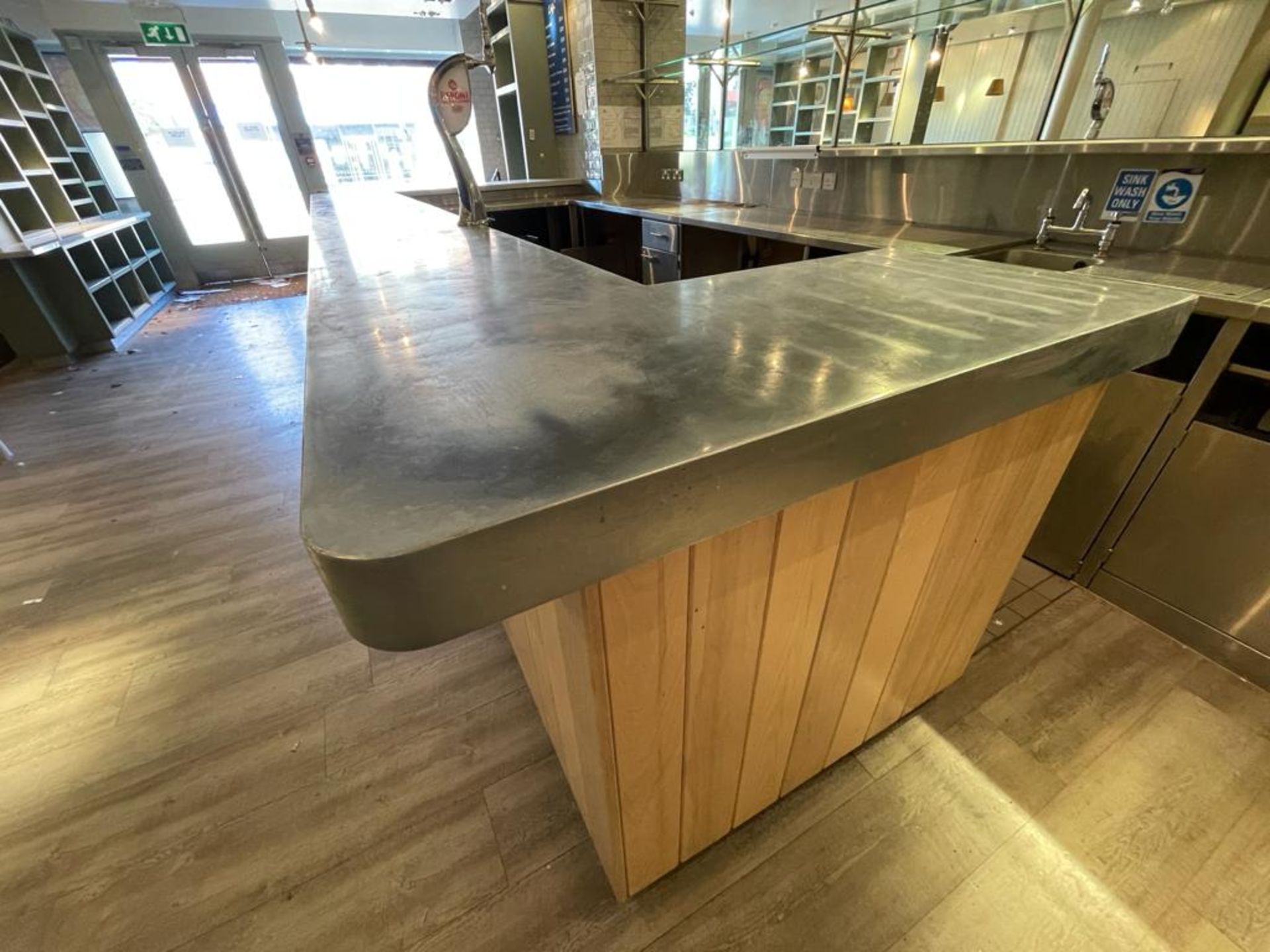 1 x Contemporary Restaurant Bar With Light Wood Panel Fascia, Sheet Metal Covered Bar Top, - Image 2 of 57