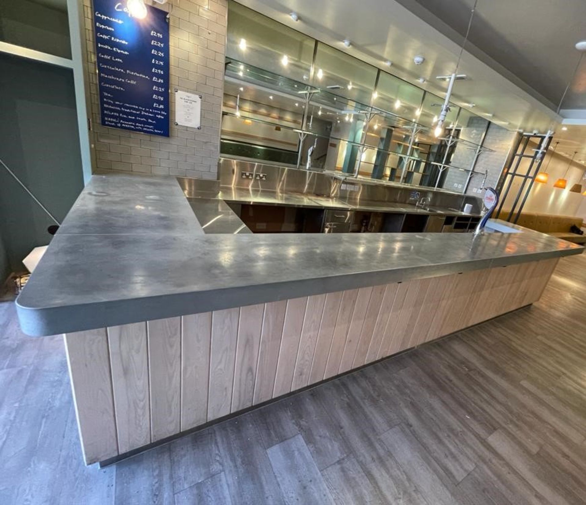 1 x Contemporary Restaurant Bar With Light Wood Panel Fascia, Sheet Metal Covered Bar Top, - Image 7 of 57
