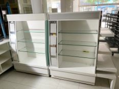 2 x Retail Display Islands With Glass Shelves, Illuminated Light Boxes, Mirrors, Storage Drawers and