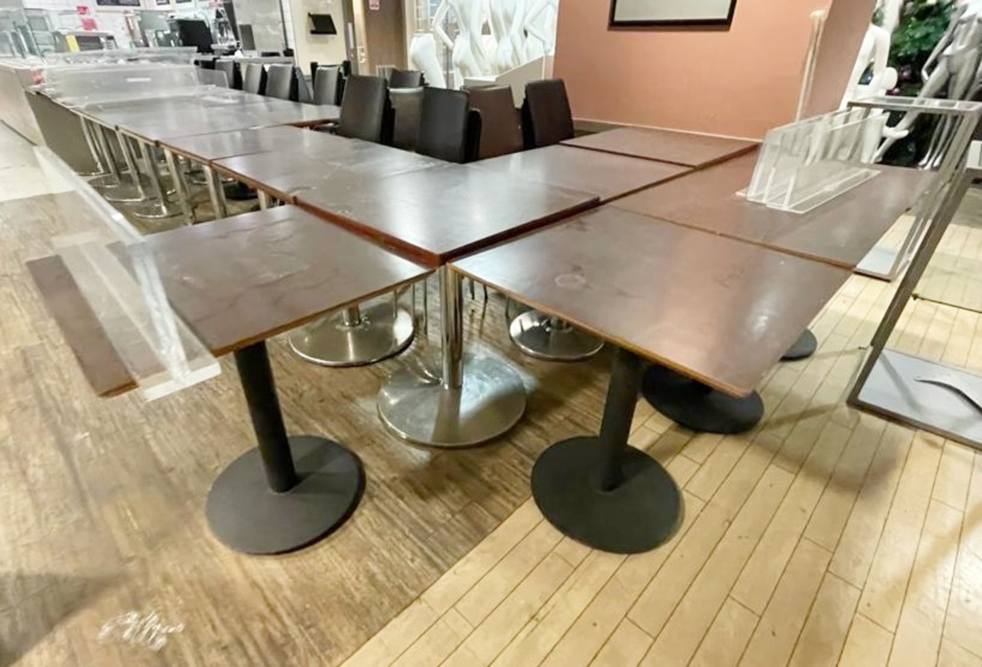 25 x Square Canteen Tables With Metal Pedestal Bases and Wooden Tops - CL670 - Ref: GEM189A -
