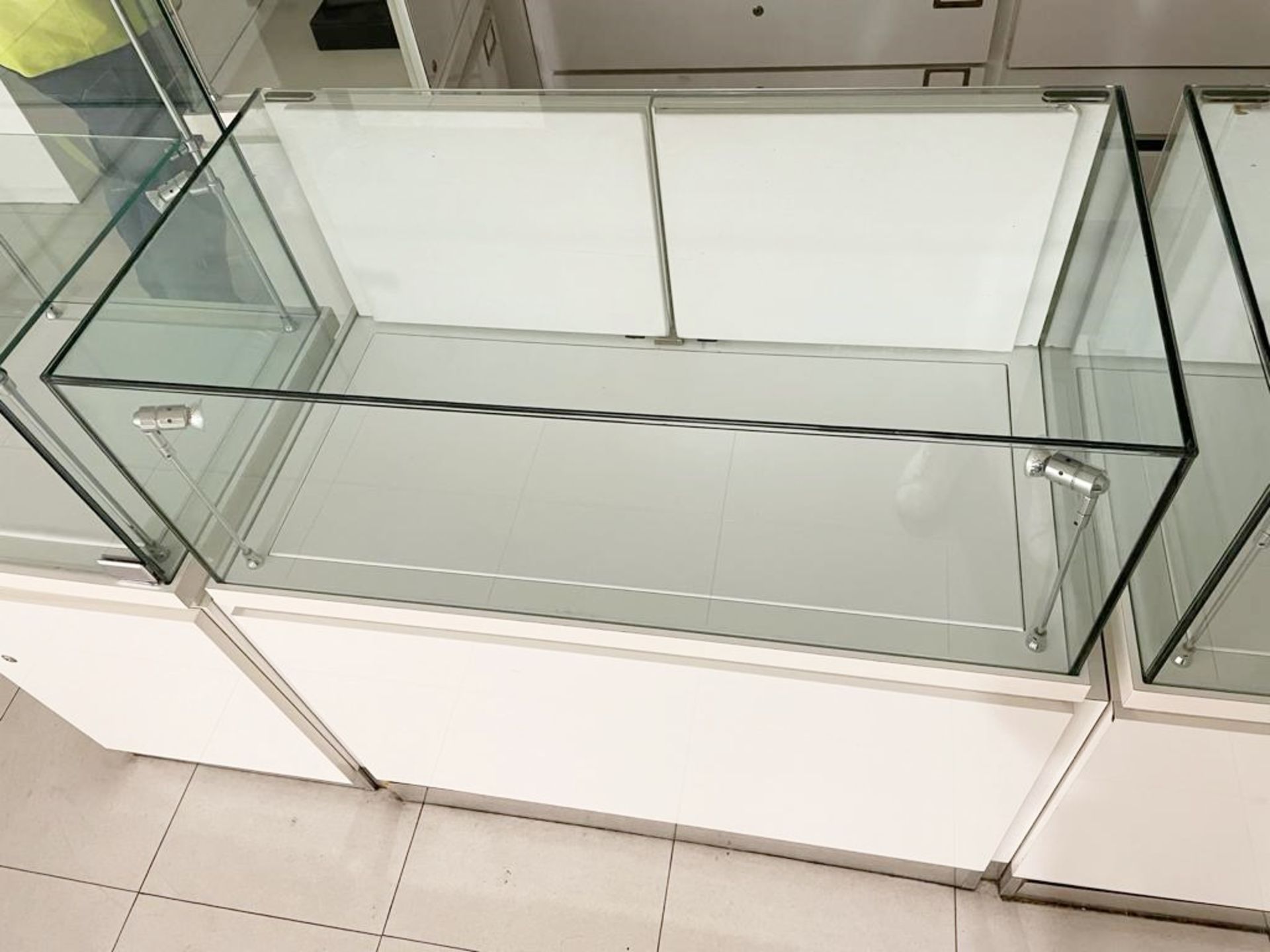 8 x Retail Glass Display Case Counter Cabinets - Features White Gloss Finish, Safety Glass, Internal - Image 10 of 13