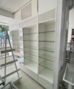 3 x Upright Retail Display Units Featuring Adjustable Glass Shelves and Advertising Poster Holders -