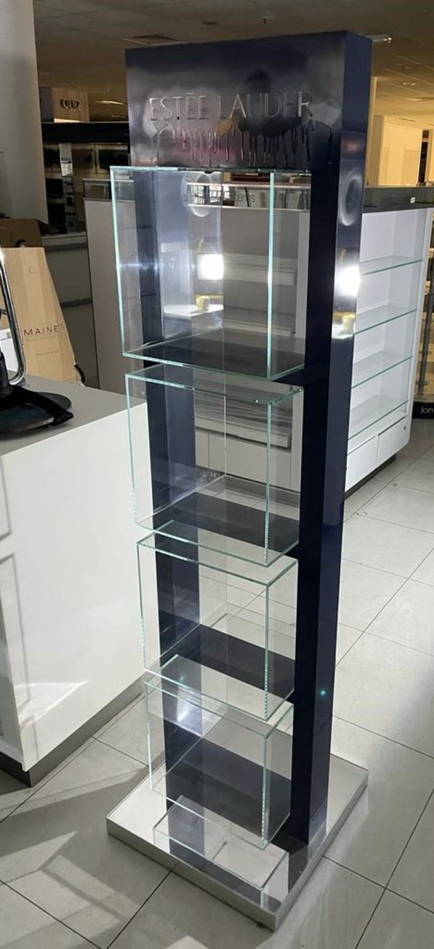 1 x Estee Lauder Free Standing Retail Display Unit With Glass Cube Display Shelves - Size H175 x W49