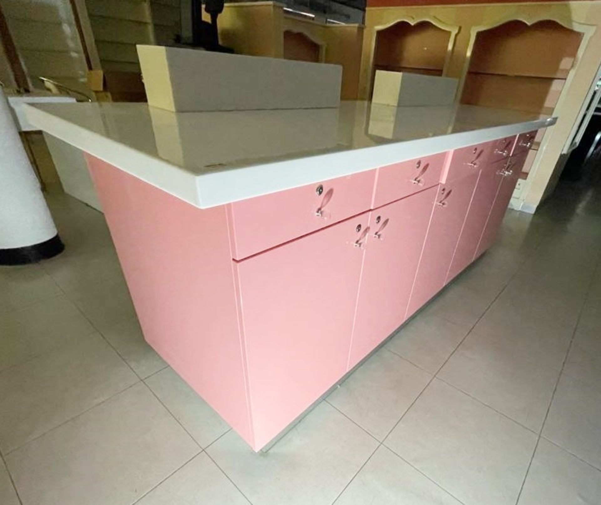 1 x Benefit Retail Testing Counter With Corian Worktop, Sample Holders and Bin Chute - Features Lots