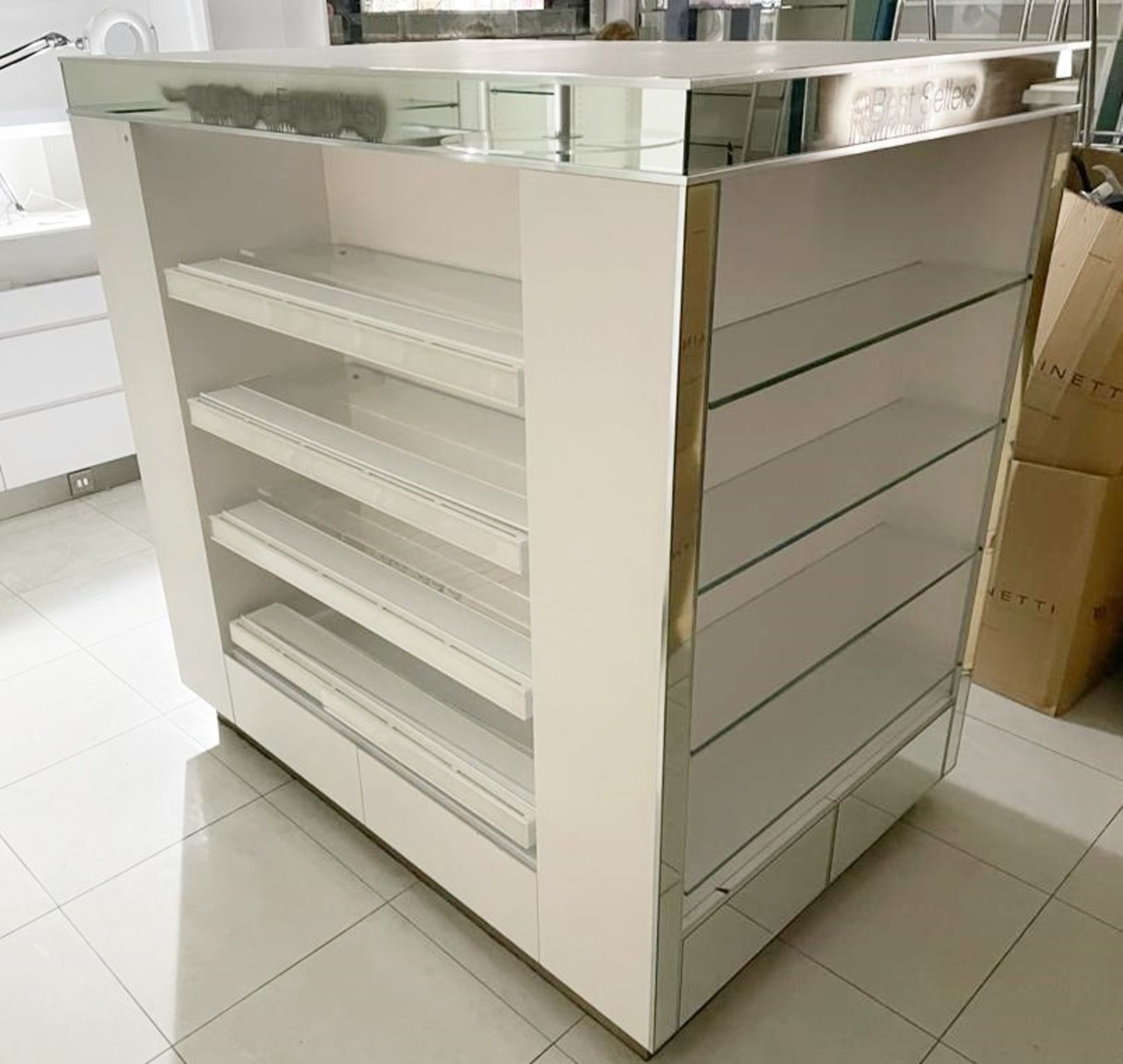 1 x Retail Four Sided Display Island With Shelves, Storage Drawers and Mirrored Panels - Size H150 x