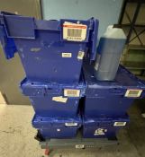 5 x Storage Tote Boxes on Dolly - Includes Various Cleaning Materials as Pictured - CL670 - Ref: