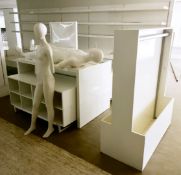 Job Lot - Includes 5 x Sections of Slat Walls With Shelves, 8 x White Display Tables, 2 x Mannequins
