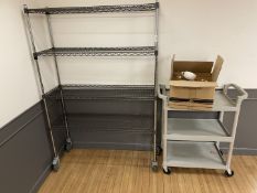 Assorted Collection of Catering Items - Includes Wire Shelf Rack, Serving Trolley and Box of