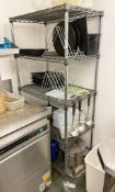 1 x Assorted Job Lot Including Wire Shelf Rack on Castors, Shelf Contents, Chopping Boards and