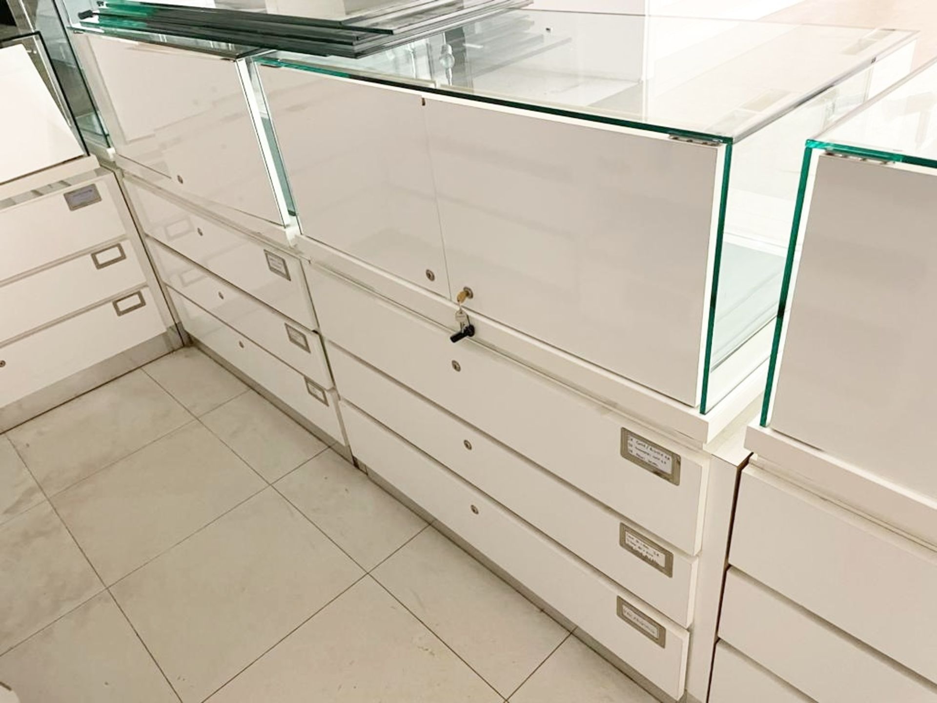 8 x Retail Glass Display Case Counter Cabinets - Features White Gloss Finish, Safety Glass, Internal - Image 7 of 13