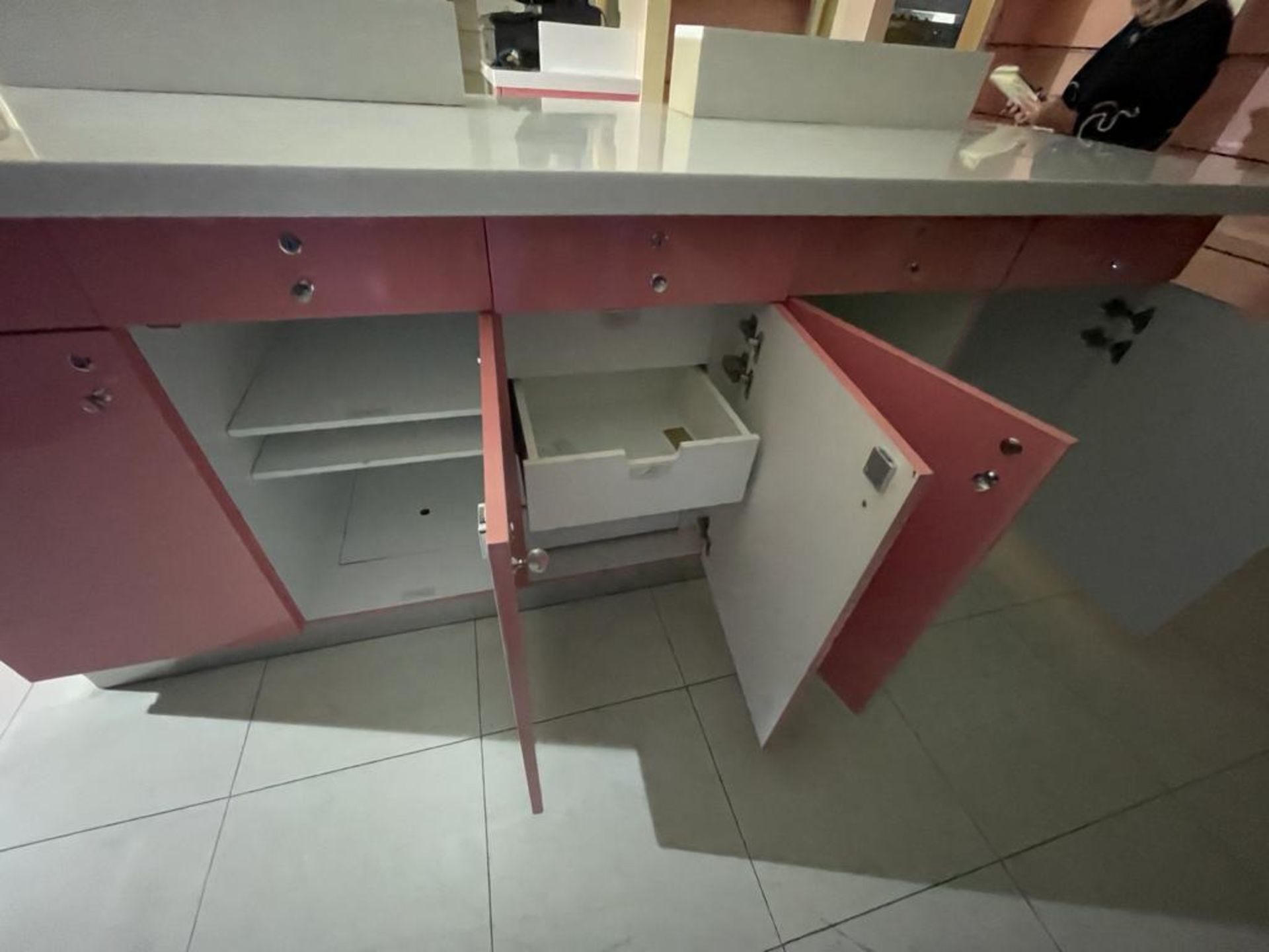 1 x Benefit Retail Testing Counter With Corian Worktop, Sample Holders and Bin Chute - Features Lots - Image 5 of 19