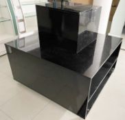 2 x Black Gloss Cube Display Stands With Shelves and Castor Wheels - Size H112 x W120 x D120 cms -