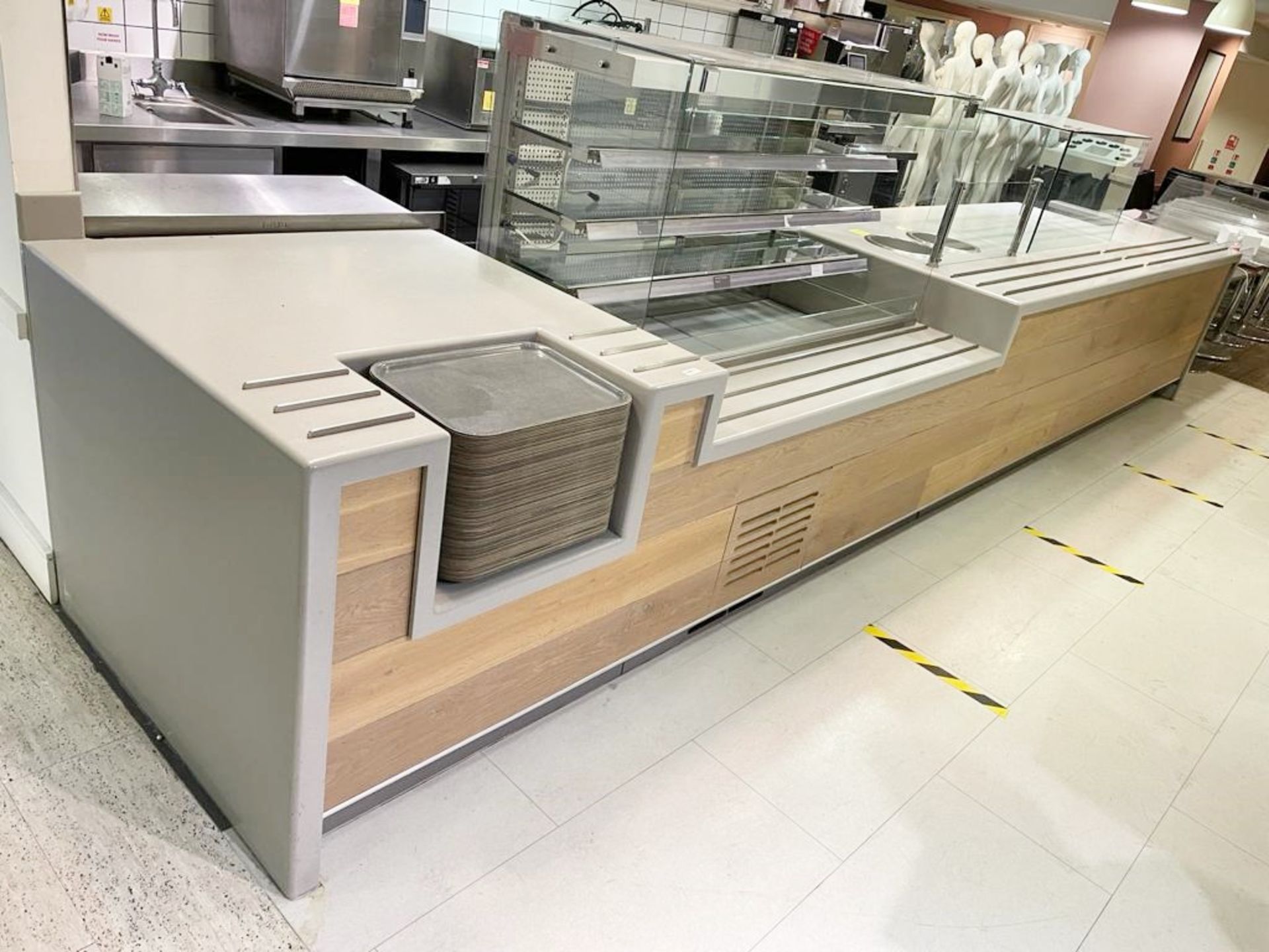 1 x Canteen Servery Counter Featuring Self Server Chiller, Plate Dispensers, Display Cabinet,