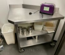 1 x Stainless Steel Commercial Kitchen Corner Prep Table on Castors With Contents - Includes