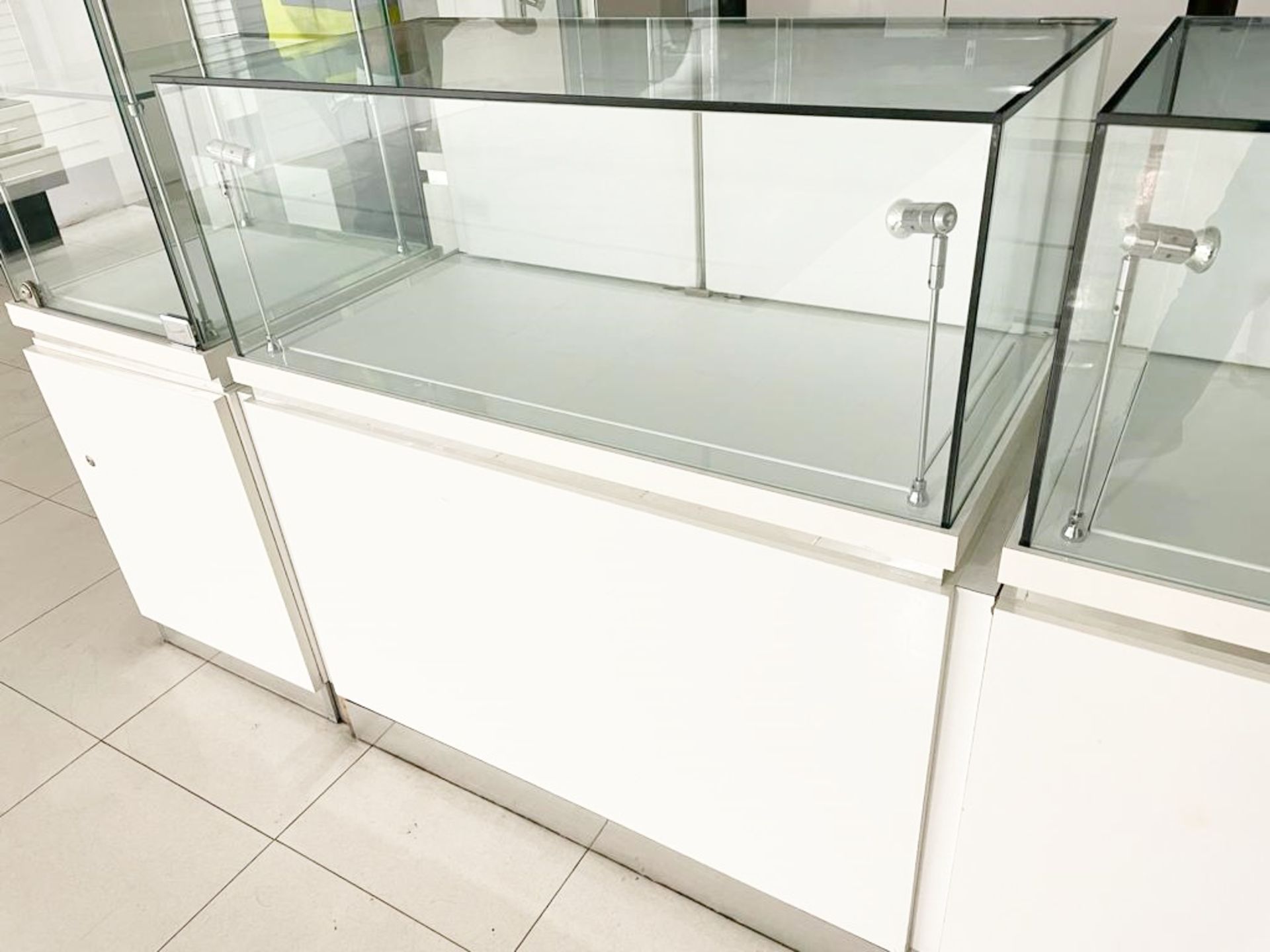 8 x Retail Glass Display Case Counter Cabinets - Features White Gloss Finish, Safety Glass, Internal