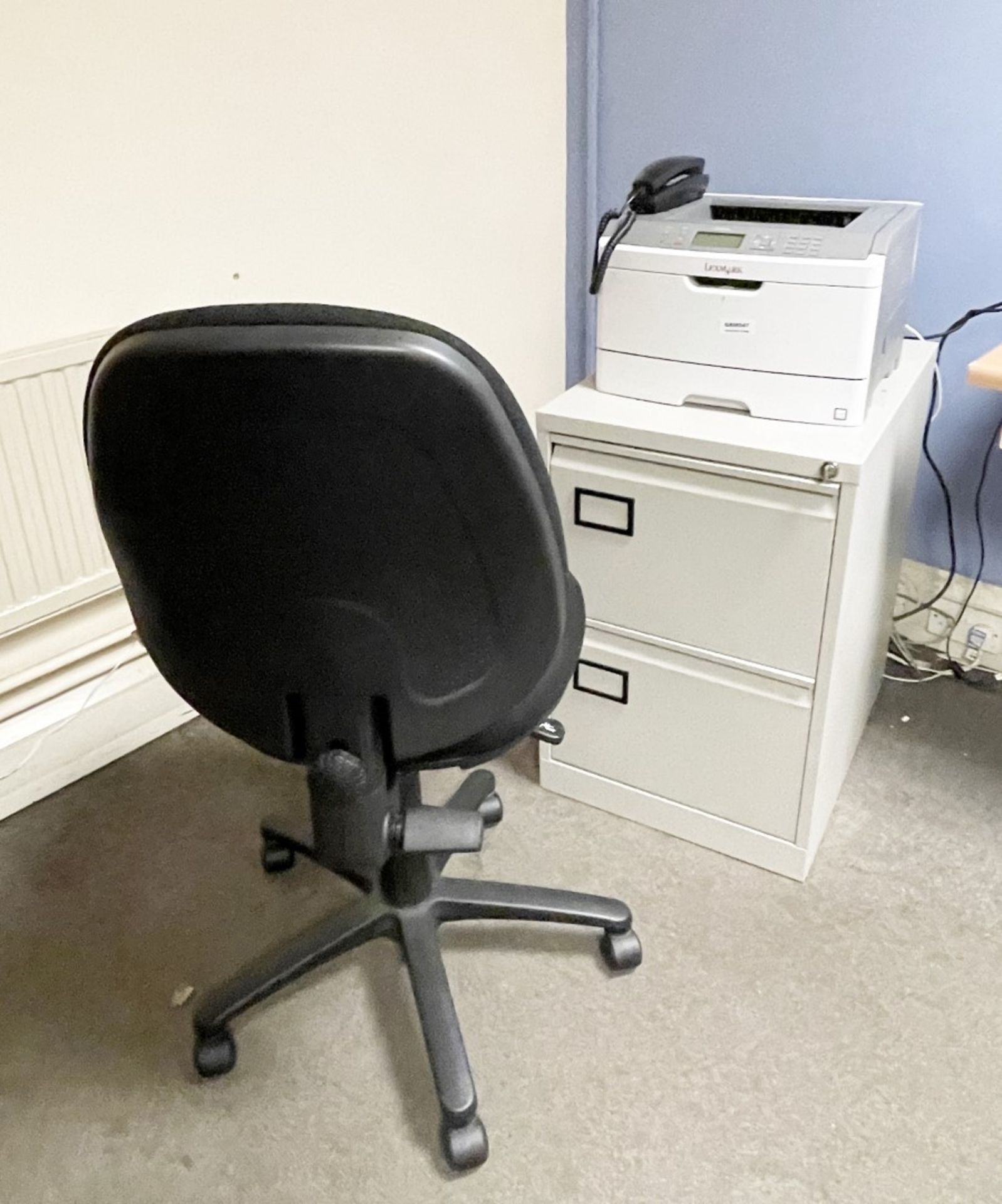 Assorted Collection to Include Lexmark Printer, Desktop PC With Monitor, Filing Cabinet, Desk and
