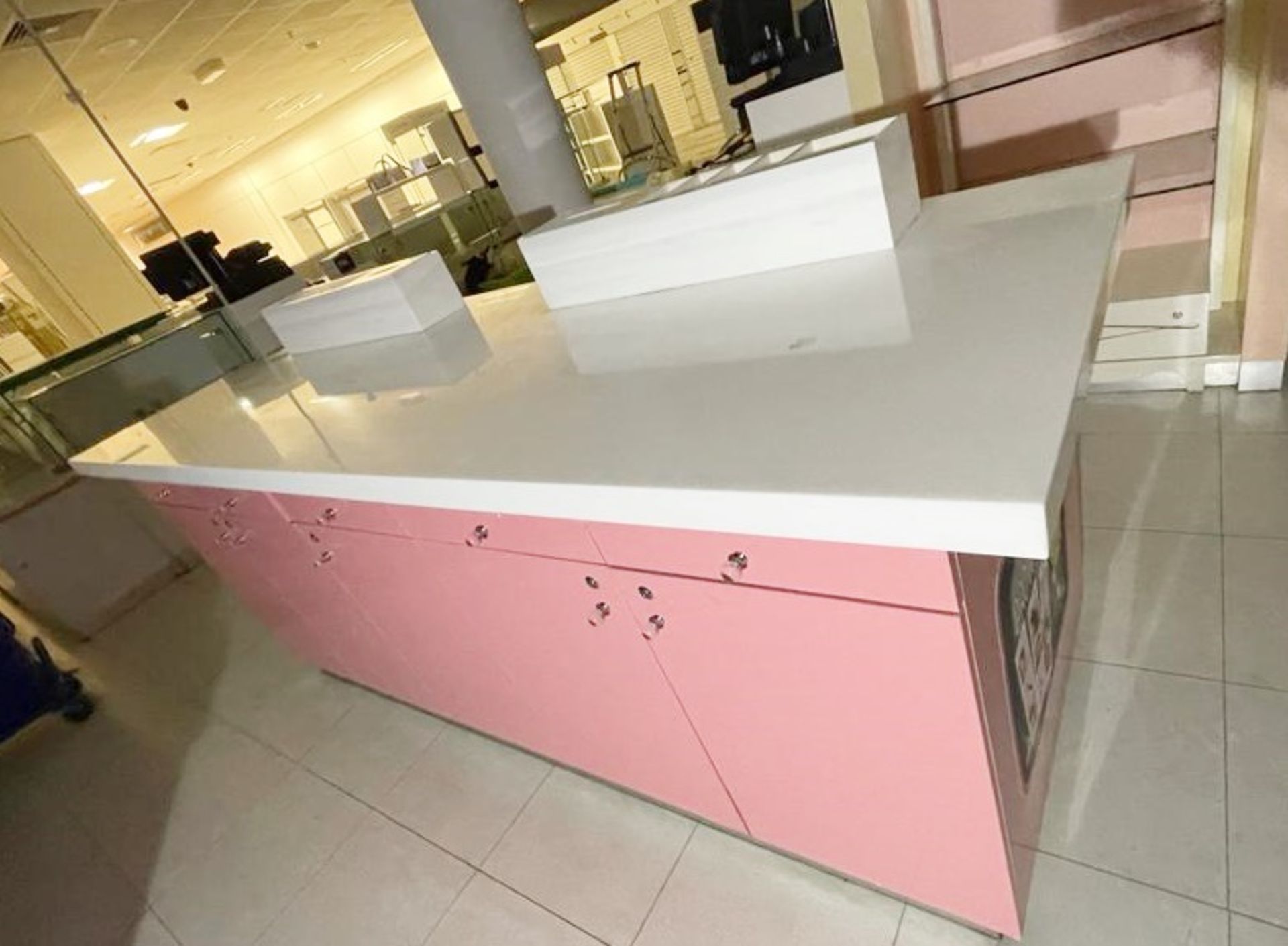 1 x Benefit Retail Testing Counter With Corian Worktop, Sample Holders and Bin Chute - Features Lots - Image 15 of 19