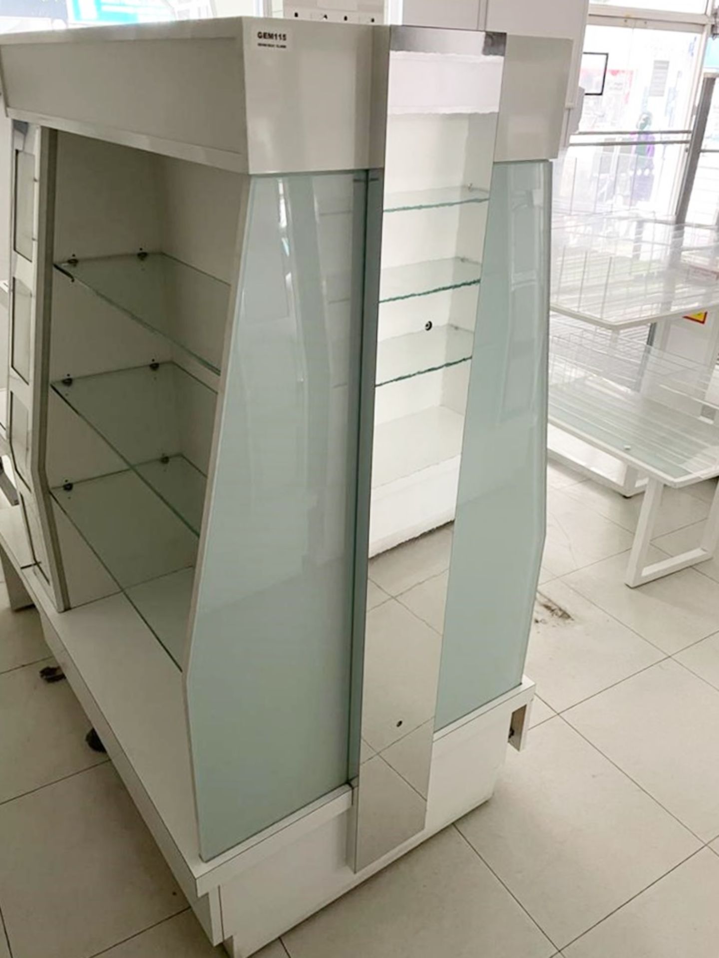 1 x Retail Display Island With Glass Shelves, Illuminated Light Boxes, Mirrors, Storage Drawer and - Image 3 of 8